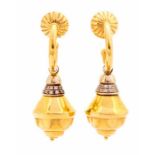 A pair of diamond and 18ct gold drop earrings, comprising hoop and shell detail tops suspending a