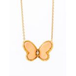 VAN CLEEF & ARPELS - a coral, diamond and yellow gold butterfly necklace, set with a round