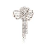 A diamond full-set stylised bow brooch, with triple tassel drops, comprising round brilliant-cut and