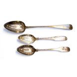 Three George III provincial silver spoons including: an Old English Pattern basting spoon, by