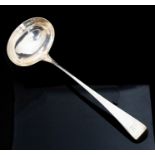 A George III Old English pattern silver soup ladle, the handle engraved with a crest, by Peter &
