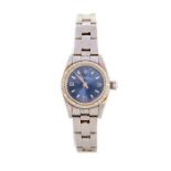 Rolex- A ladies Rolex Oyster perpetual steel watch, midnight blue tone dial, silvered batons, dial