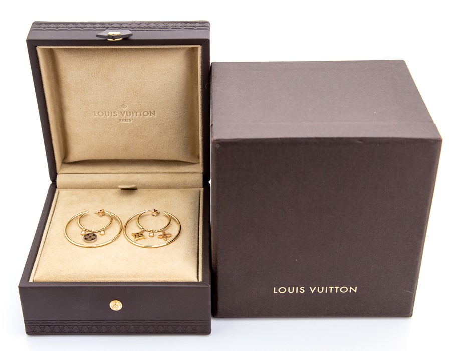 Louis Vuitton- A pair of 18ct gold and diamond Louis Vuitton monogram hoop earrings, from the Idylle - Image 2 of 3