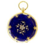 A Swiss gold, enamel and diamond hunter fob watch, the outer cases with guilloche blue enamel,