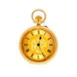 An Edwardian18ct gold open faced pocket watch, gold tone dial with foliate decoration to the centre,