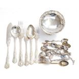 A collection of silver including: George VI silver raised bonbon dish with pierced gallery rail,
