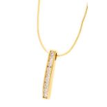A diamond nine stone set curved 18ct yellow gold bar pendant, on a snake-link chain, the bar pendant