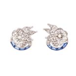 A pair of diamond and sapphire set garland style earrings, two central principal round brilliant-cut