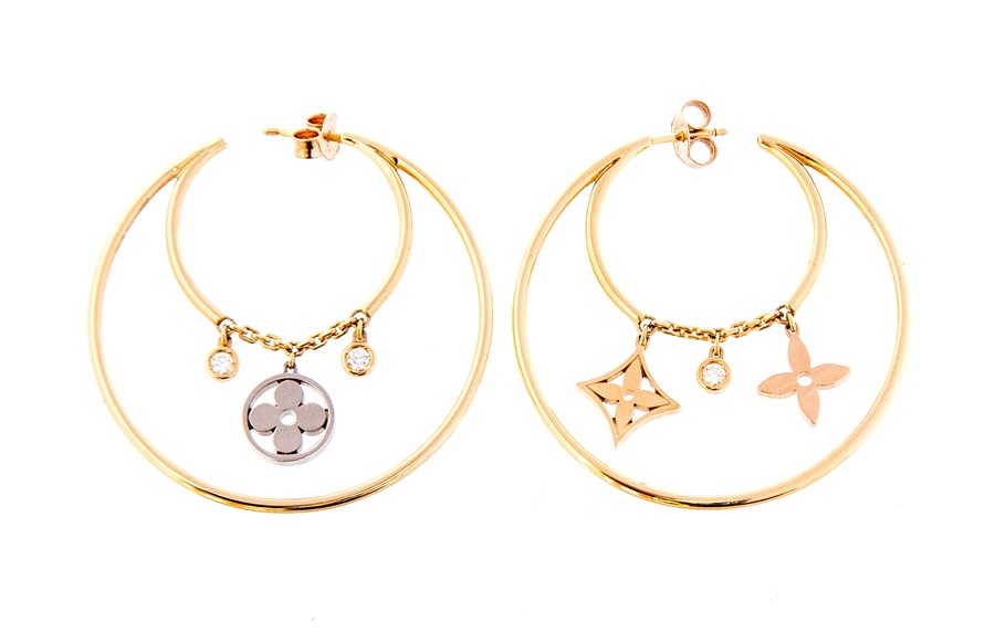 Louis Vuitton- A pair of 18ct gold and diamond Louis Vuitton monogram hoop earrings, from the Idylle