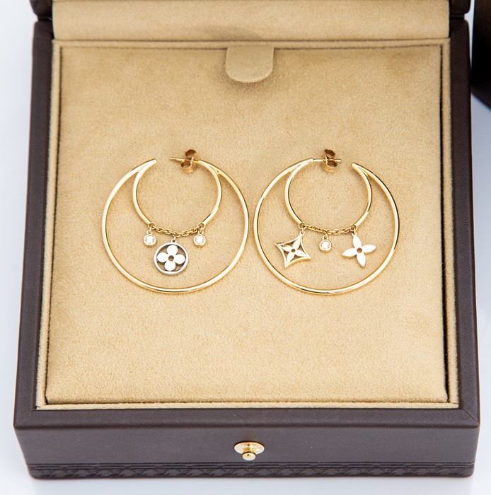 Louis Vuitton- A pair of 18ct gold and diamond Louis Vuitton monogram hoop earrings, from the Idylle - Image 3 of 3