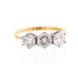 A diamond three stone ring, three round-brilliant cut diamonds, total diamond weight approx 2carats,