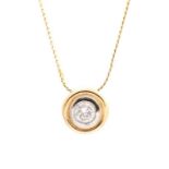 A diamond solitaire 14ct yellow gold pendant and chain, the small circular pendant rub-over set with