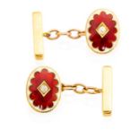 A pair of 18ct gold and enamel cufflinks, comprising oval forms decorated with red guilloche