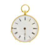 A 19th century Swiss lady's gold fob open faced watch, white enamel dial with Roman numerals, the