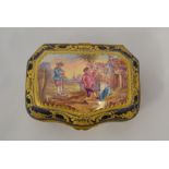 A 19th Century Continental enamel gilt metal mounted cartouche shaped snuff box and cover, the cover