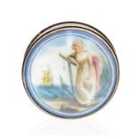 An 18th century silver and enamel circular patch box, the cover painted with Hope leaning on an