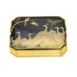 A 19th century shaped rectangular tortoiseshell and gilt metal box, the cover inlaid with peacocks