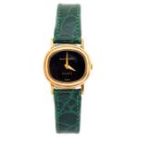 Bueche Girod- A Bueche Girod 9ct gold ladies quartz watch, the black cushion shaped dial measuring