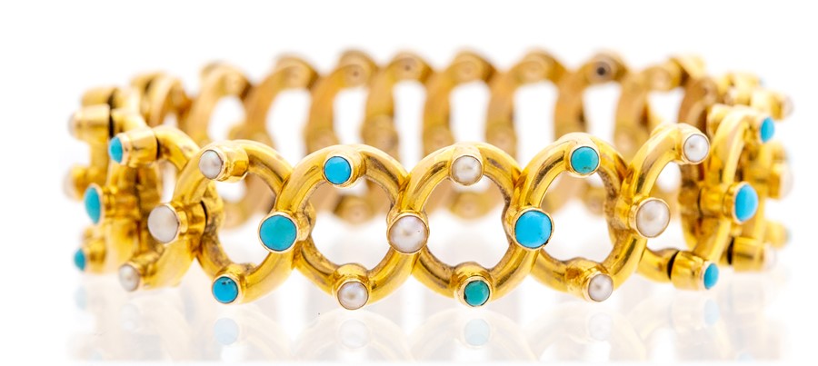 A Victorian 15ct yellow gold expandable bracelet, each link set with alternating turquoise and