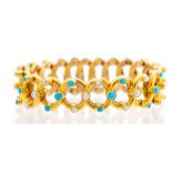 A Victorian 15ct yellow gold expandable bracelet, each link set with alternating turquoise and
