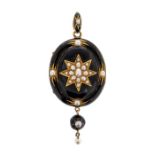 A Victorian black enamel and seed pearl locket/ pendant, the oval locket with star decoration set