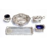 A collection of silver including: pair of Georgian style salt and mustard pot with cover, blue glass