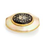 A 19th century oval mother of pearl, tortoiseshell and gold snuff box, hinged pique work cover