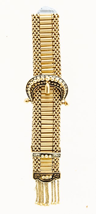 A 14ct gold and enamel buckle bracelet, comprising a central row of tubular links with an entwined