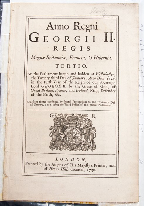 A George II Act of Parliament document dated 1730, the first line reading An Act for Making more