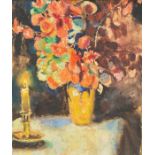 Continental School, early 20th Century, a still life of a vase of flowers and a chamberstick, oil on