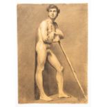 A 19th Century Academy life study of young male nude, standing holding a stick, unsigned,