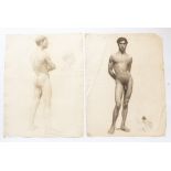 A pair of 19th Century Academy studies of a male nude standing, unsigned, charcoal, watermarked