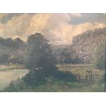 Campbell Archibald Mellon (British, 1876-1955), Cows by River, of the Wye Valley, signed l.r., oil