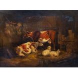 Circle of William Shayer, cattle and sheep in a barn, oil on canvas, 46 by 61cm, framed