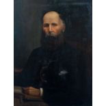 British School, circa 1880, portrait of a gentleman, half length in a dark suit with a book on a