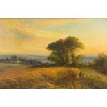 Walter Williams (British, act.1841-1880), figures in a cornfield at sunset, signed l.r., oil on