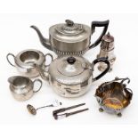 A silver dredger spoon Birmingham, 1897, together with a three piece planished pewter tea service,