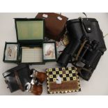 USSR made binoculars, early 20th Century Jockey Club binoculars, Brownie camera, chess and card set