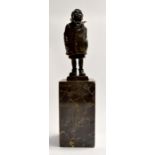 Bergman type bronze boy on faux marble base. Height 28cm approx, base height 13cm, figure height