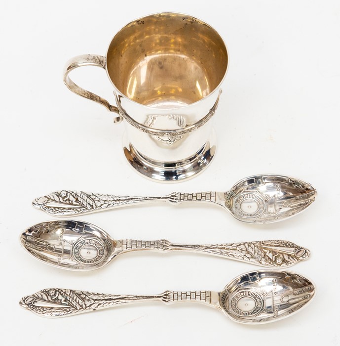 Birmingham 1971, J.B Chatterley & Sons Silver christening cup and three silver birth spoons with