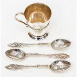 Birmingham 1971, J.B Chatterley & Sons Silver christening cup and three silver birth spoons with
