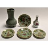 A collection of four Celadon dishes; together with a Celadon vase and bottle vase. (6)