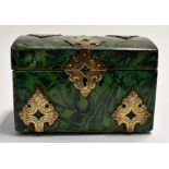 A faux malachite tea caddy, gilt metal fittings. Two internal compartments with original lining.