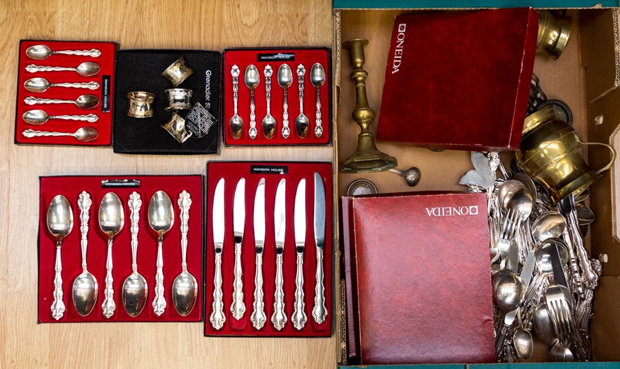 A collection of metal wares, plate wares, flat wares, brass, silver and boxed cutlery etc (Q)