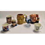 A collection of Winston Churchill items to include Doulton character jugs; an unusual Wedgwood