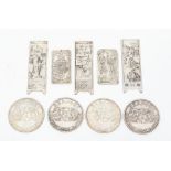 Four China Qing Dynasty silver commemorative medallions, together with two Chinese calendar plaques,