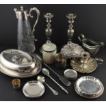 A collection of silver plated ware, to include; A Mappin & Webb silver plated and etched glass
