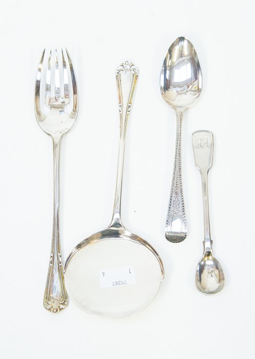 Four silver pieces including a Georgian London silver spoon, Victorian London silver spoon and