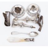 Broken silver pieces to include MOP letter opener, candlesticks filled, spoon (Q)