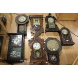 A collection of seven various wall and mantle clocks, 19th century, varying condition, some damage